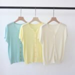 Summer New Arrival Women V-Neck Knit Short Sleeve Tee, Slimming Fit Casual Simple Basic Layering T-shirt Tops - Image 2