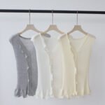 Tencel Lyocell Knit Vest, Women V Neck Ruffle Hollow Out Sleeveless Tank Top for Outdoor Wear Summer - Ảnh 2