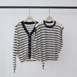 Summer New Contrast Color Striped Knit Cardigan Two Piece Outfits for Women, V-Neck Button Thin Lazy Loose Knit Outerwear Top