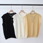 Women Summer New Tencel Linen Knit Top, Ruffle Sleeveless Half Placket Collar Casual Design Pullover Blouse - Image 2