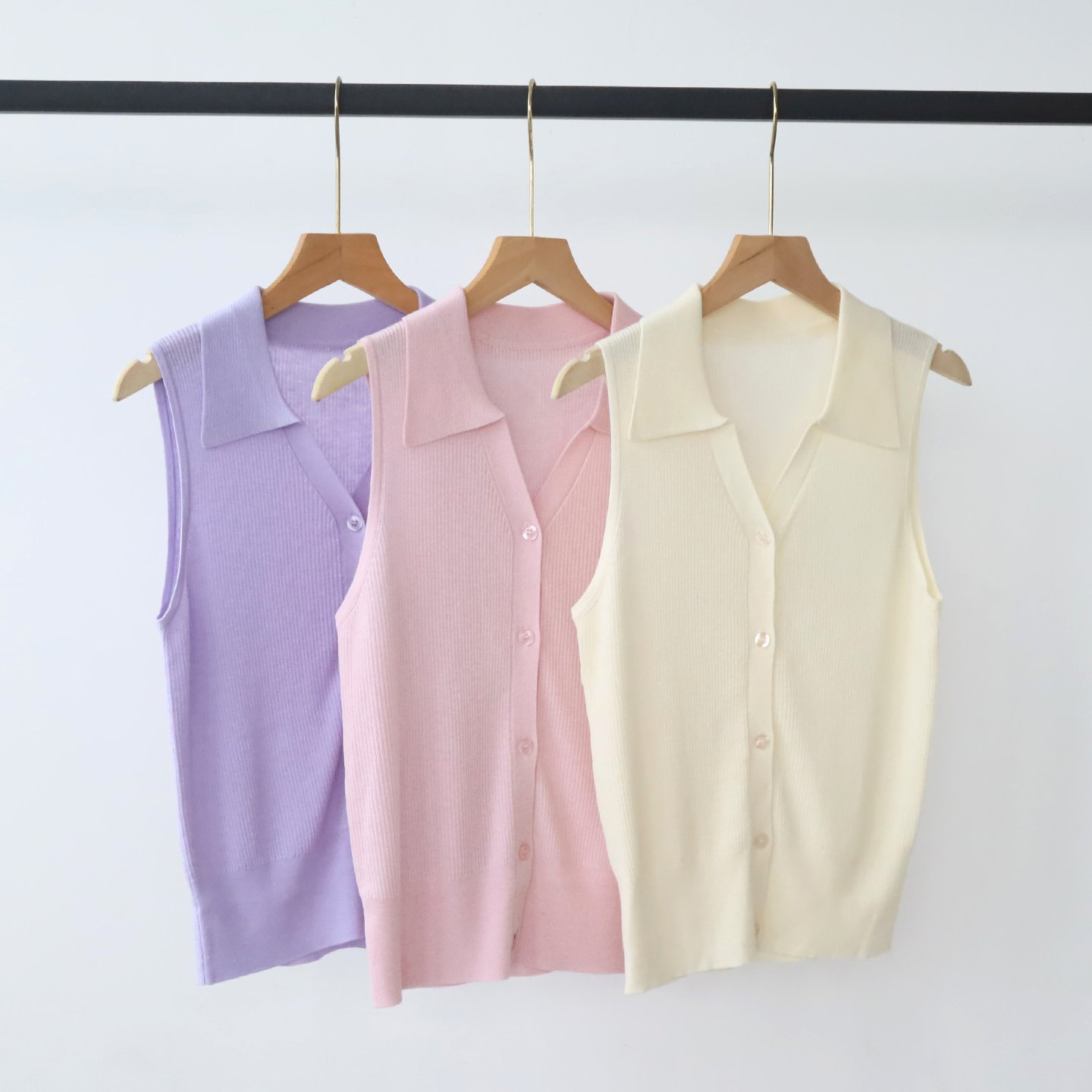 1 Women Korean Soft Style Collared Sleeveless Knit Tank Top, Single Breasted Slim Fit Versatile Ice Silk New Design Blouse - Image 1