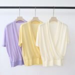 Women Gentle V Neck Wrap Knit Top, Summer New Short Sleeve Loose Slimming Cross Wrap Design Blouse