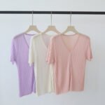 Premium V Neck Knit Tee Slim Women Summer Casual Top
