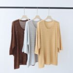 Women French Style Striped Crew Neck Linen Knit Pullover, Loose Lazy Fit Elegant Top for Spring Summer