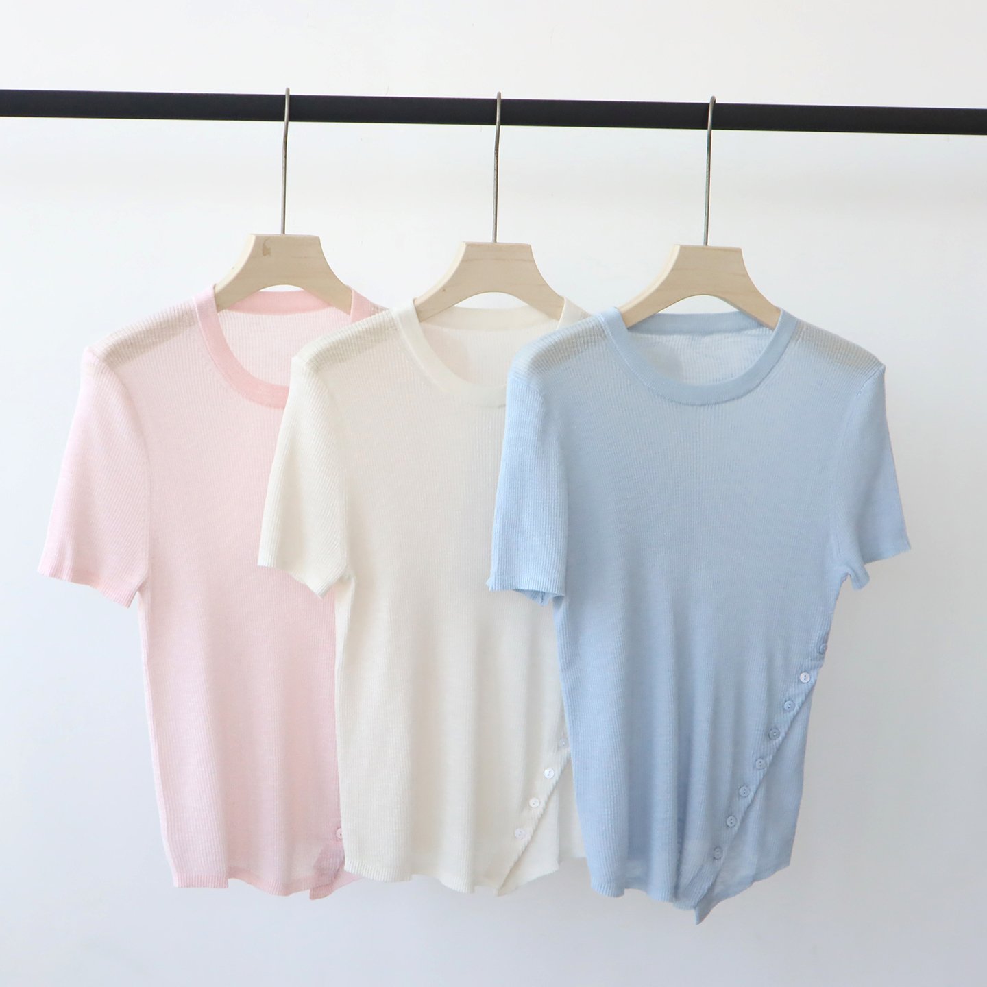 2 New Summer Solid Color Crew Neck Knit T-shirt, Unique Design Irregular Slim Fit Top for Women - Image 1