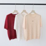 New Summer Crew Neck Knit T-shirt, All-over Star Rhinestone Slim Fit Casual Layering Top for Women