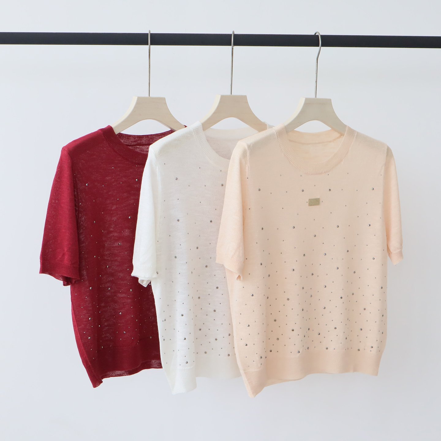 2 New Summer Crew Neck Knit T-shirt, All-over Star Rhinestone Slim Fit Casual Layering Top for Women - Image 1