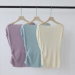 Tencel Lyocell Asymmetrical Shoulder Knit Shirt, Women Summer Short Sleeve Waist Slimming One Shoulder Top - 画像 (2)