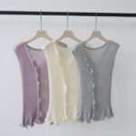 Tencel Lyocell Knit Vest, Women V Neck Ruffle Hollow Out Sleeveless Tank Top for Outdoor Wear Summer