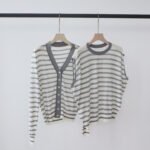 Summer New Contrast Color Striped Knit Cardigan Two Piece Outfits for Women, V-Neck Button Thin Lazy Loose Knit Outerwear Top - Image 2