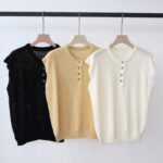 Women Summer New Tencel Linen Knit Top, Ruffle Sleeveless Half Placket Collar Casual Design Pullover Blouse