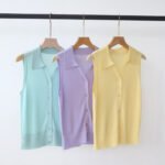 Women Korean Soft Style Collared Sleeveless Knit Tank Top, Single Breasted Slim Fit Versatile Ice Silk New Design Blouse - Image 2