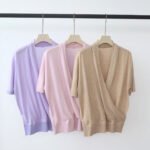 Women Gentle V Neck Wrap Knit Top, Summer New Short Sleeve Loose Slimming Cross Wrap Design Blouse - Image 2