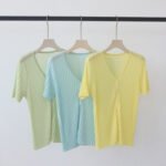 Premium V Neck Knit Tee Slim Women Summer Casual Top - Image 2