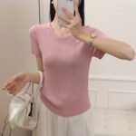 Women Summer New Arrival Crew Neck Knit T-shirt, Slim Fit Casual Basic Undershirt - Ảnh 3
