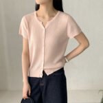 Summer New Arrival Women V-Neck Knit Short Sleeve Tee, Slimming Fit Casual Simple Basic Layering T-shirt Tops - Image 3