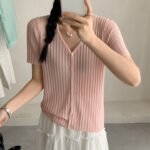 Premium V Neck Knit Tee Slim Women Summer Casual Top - Image 3