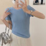 Women Summer New Arrival Crew Neck Knit T-shirt, Slim Fit Casual Basic Undershirt - Ảnh 4