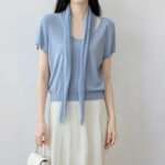 Crew Neck Knit Short Sleeve T-shirt with Shawl, Slimming 2-Piece Basic Outfit for Ladies - Image 4