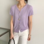 Summer New Arrival Women V-Neck Knit Short Sleeve Tee, Slimming Fit Casual Simple Basic Layering T-shirt Tops - Image 4
