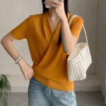 New Arrival Summer Ladies Stylish Design Knit Tee, Slimming V Neck Lyocell Tencel Short Sleeve - Image 4