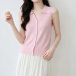 Women Korean Soft Style Collared Sleeveless Knit Tank Top, Single Breasted Slim Fit Versatile Ice Silk New Design Blouse - Image 6