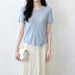 New Summer Solid Color Crew Neck Knit T-shirt, Unique Design Irregular Slim Fit Top for Women - Image 5