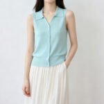 Women Korean Soft Style Collared Sleeveless Knit Tank Top, Single Breasted Slim Fit Versatile Ice Silk New Design Blouse - Image 7